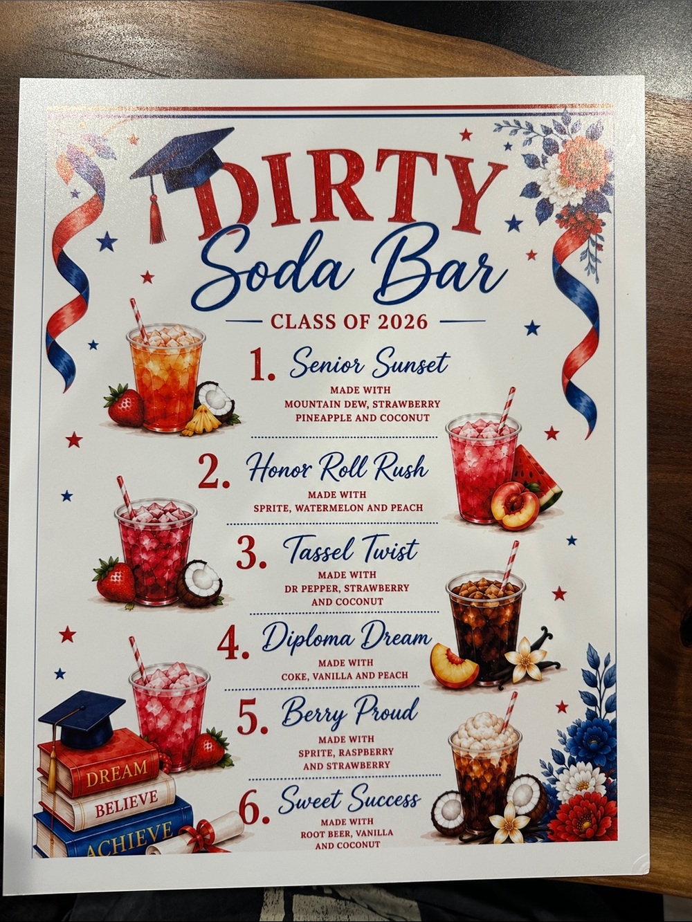 Graduation Dirty Soda Bar Sign - Red, Blue & White